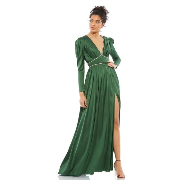 FLAW - Mac Duggal Satin Puff Shoulder Rhinestone Encrusted Dress Emerald 8 #9845 - Picture 1 of 12